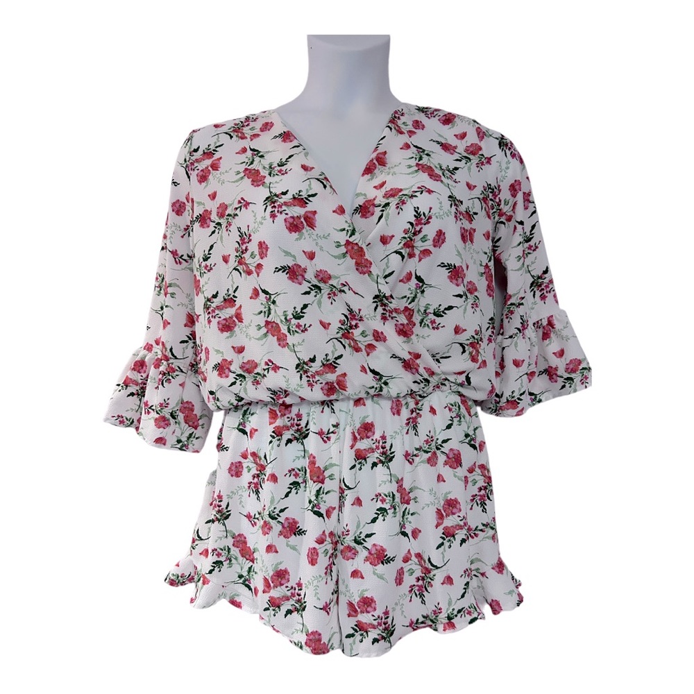 Red Lolly Ivory Bell Sleeve Romper Wrap Blouson Ruffle Shorts Jumpsuit - Picture 5 of 15